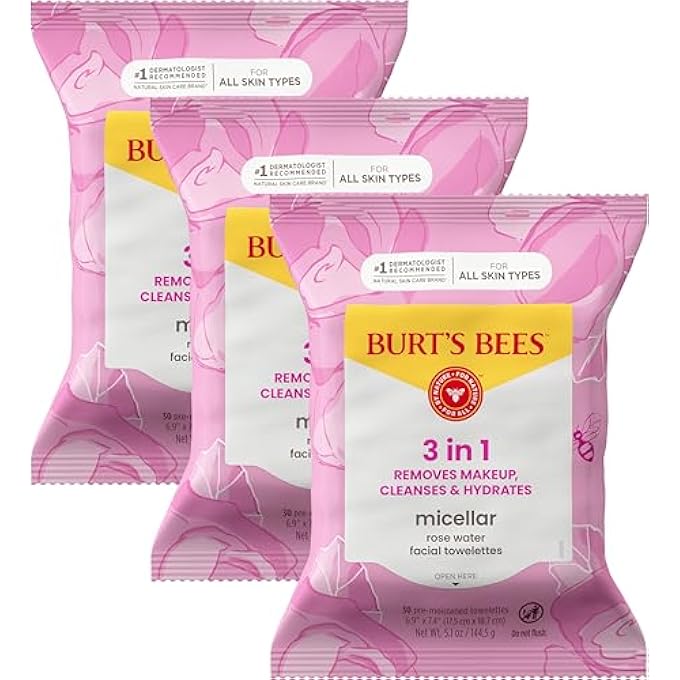 Burt's Bees ROSE WATER FACE WIPES, FOR ALL SKIN TYPES, HYDRATING MICELLAR MAKEUP REMOVER & FACIAL CLEANSING TOWELETTES, 30 CT (3-PACK) - Image 1